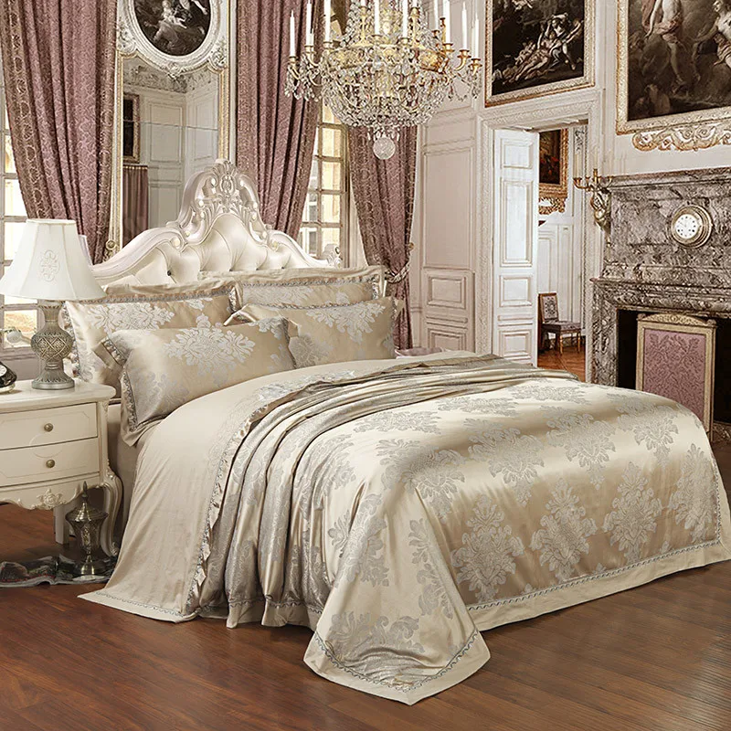 

Silver Color Queen King size Bedding sets Stain Jacquard Luxury 4/6pcs Wedding Duvet cover Bed sheet set Fit sheet Bedlinen