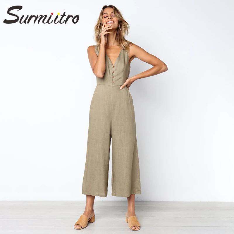 Surmiitro الصلبة ديب V الرقبة بذلة النساء 2019 الربيع الصيف مثير أكمام زر جيوب Playsuit الإناث وزرة ارتداءها