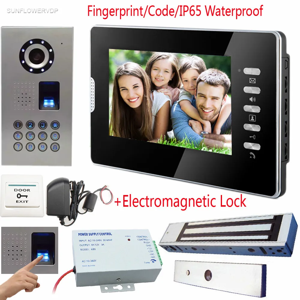 

Fingerprint Keypad Video Intercom For Private House Door Bell IP65 Waterproof Video Call Color 7" TFT Lcd+Electromagnetic Lock
