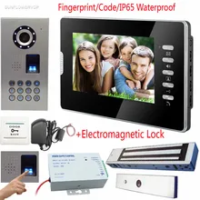 Fingerprint Keypad Video Intercom For Private House Door Bell IP65 Waterproof Video Call Color 7″ TFT Lcd+Electromagnetic Lock