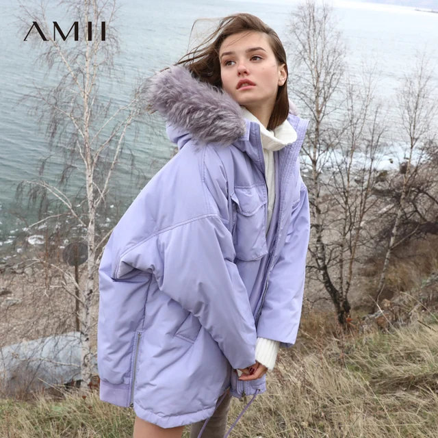 Amii минималистский пуховик зима для женщин 2018 элегантный дизайн сплошной большой меховой воротник с капюшоном на молнии теплые женские длинны