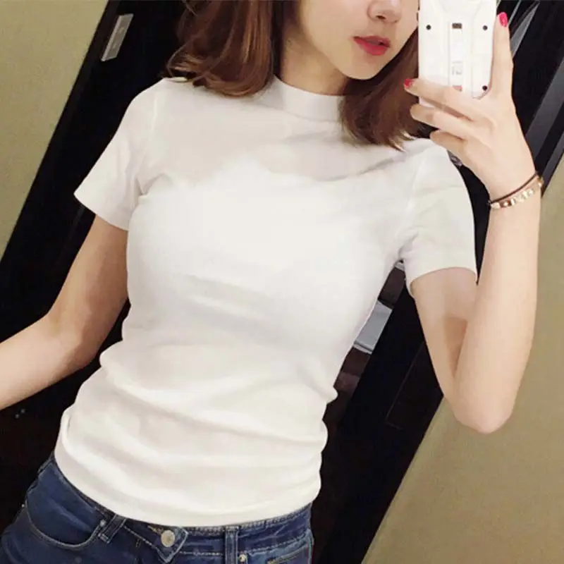 

2019 Summer Causal Women T-shirt Slim Turtleneck Solid Color T-shirt Women Short Sleeve Tees Top T shirt for girl