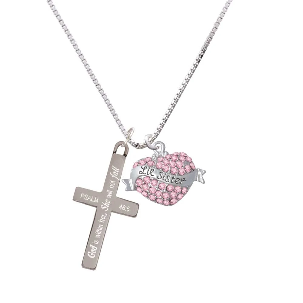 Lil Sister Banner on Pink Crystal Heart - She will not Fall - Cross Necklace