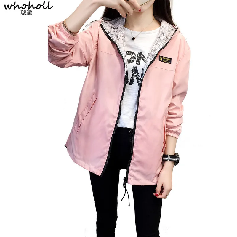 

WHOHLL 2019 New Spring Fashion Hooded Two Tone Windbreaker Jacket Zipper Pockets Casual Long Sleeves Feminino Coats Outwear