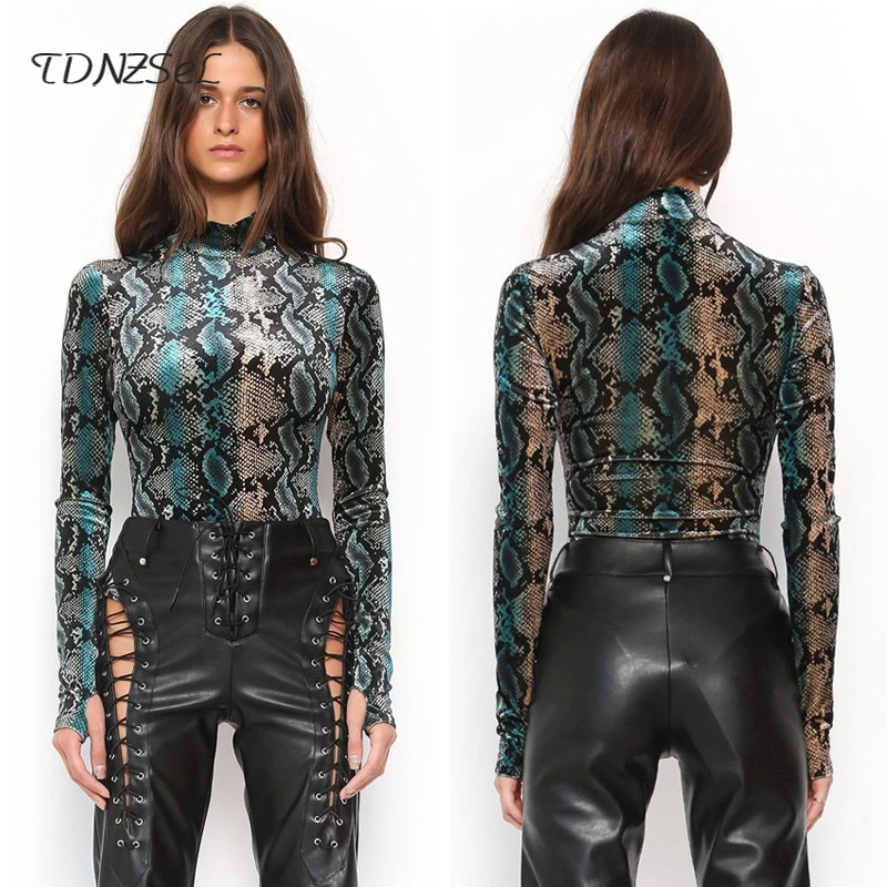 bodysuit women Sexy Snake Skin Grain Print Bodysuit Women Autumn Turtleneck Long Sleeve Skinny Playsuits Slim 2018 Party Night Club Jumpsuits nude bodysuit