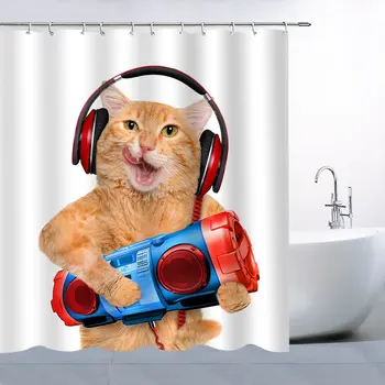

Shower Curtain Set Lovely Cat With Red Headphone Holding Tape Recorder Listening To Music Bath Curtain Floor Mat