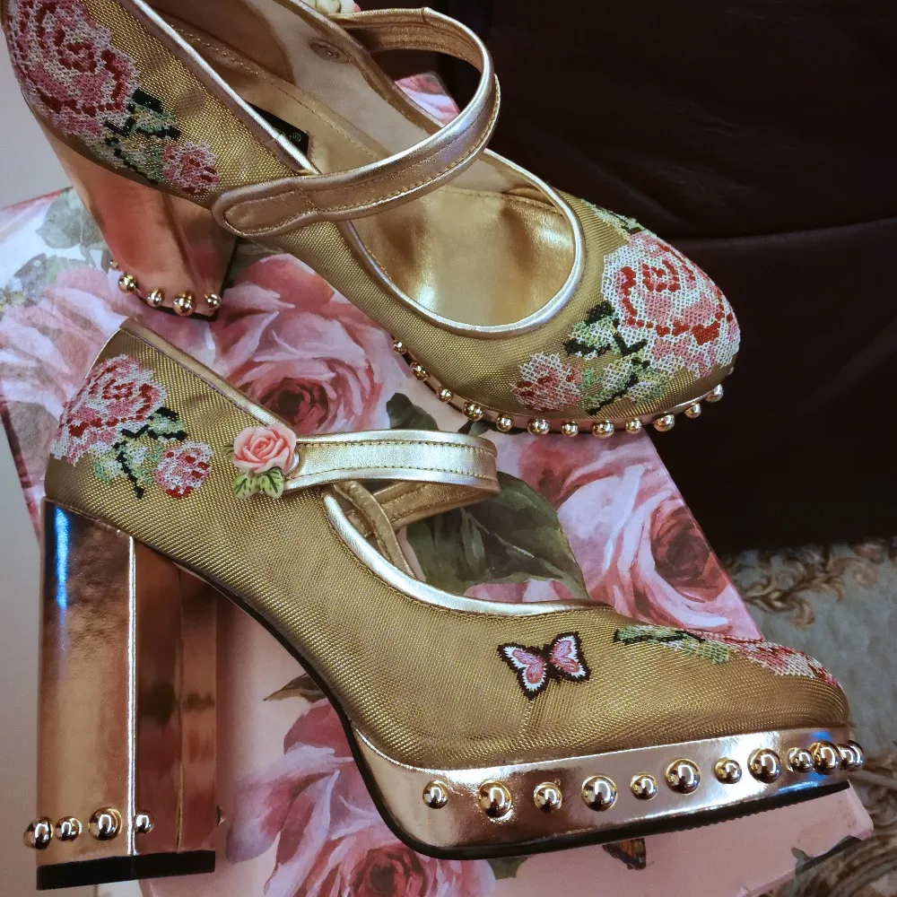 Fête Piste Pic Femmes Tenue Janes Mariage Chaussures Floral Rond Épais Mary Or As Pompes Pour Broder Maille Talons Bout De Rivet OxqRwnvptw
