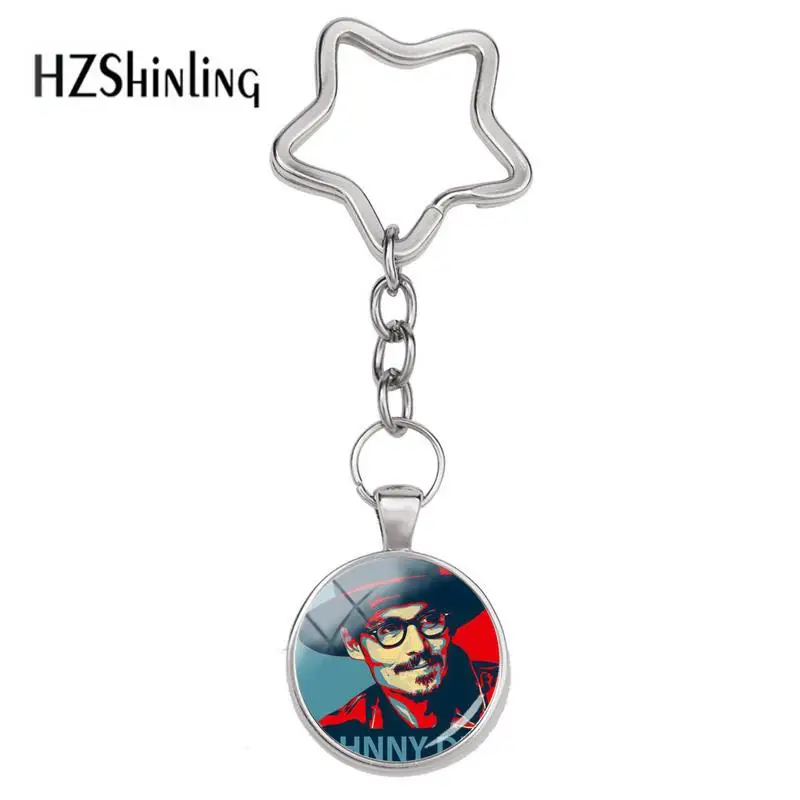 

2018 New Pop Art Johnny Depp Star Keyring Silver Photo Key Chain Glass Dome Keychains Hand Craft Jewelry Accessory