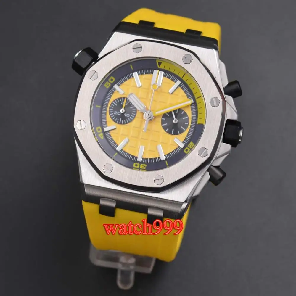 

42mm Corgeut Men's Yellow Dial Rubber Strap Full Chronograph Luminous Quartz Men's Watch