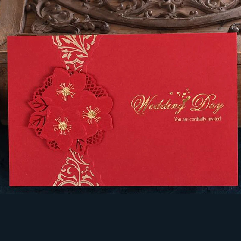 

European Vintage Laser Cut slap-up Red Flower Paper Wedding Invitation Card with Envelopes Packing Decor (50 pieces/lot)