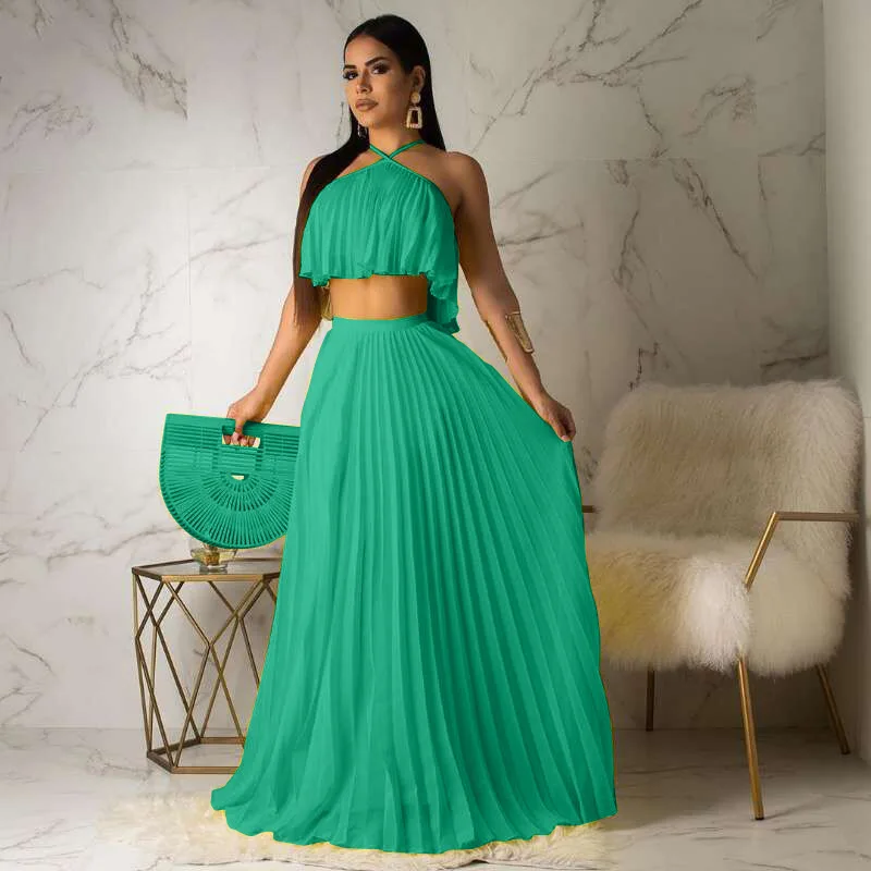 Echoine летнее шифоновое длинное платье из двух частей женский элегантный комплект из 2 предметов комплект: укороченный топ и юбка сексуальный наряд без рукавов для пляжной вечеринки - Цвет: green skirt set