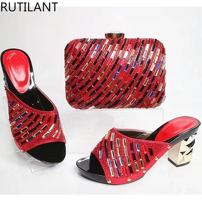 

Latest Red Color Matching Women Shoes and Bags Set Decorated with Rhinestone Italy Shoe and Bag Woman African Women Italian Shoe
