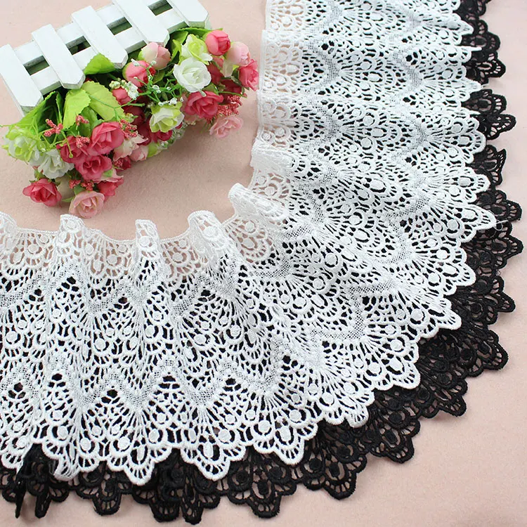 

Black and white lace trim 19 cm wide skirt hem edge decorative hollow embroidery polyester lace fabric quality