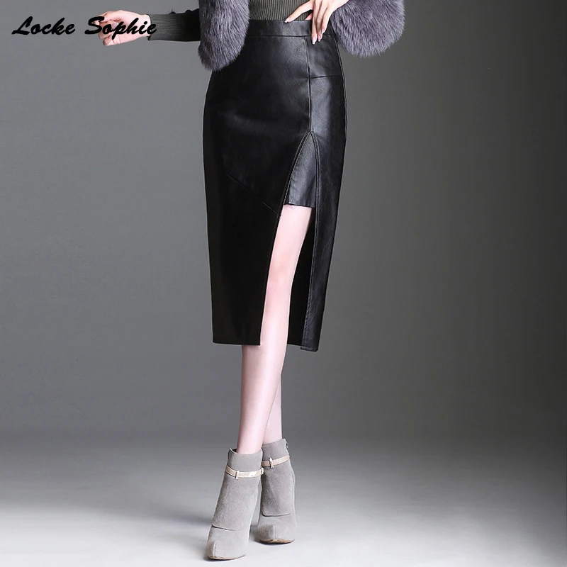 Hight waist skirts Women Plus size leather Pencil 2019 Spring faux fur PU Forking skirt Ladies Skinny Long | Женская одежда