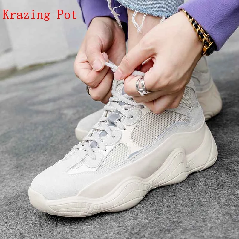

Krazing Pot 2018 cow suede air mesh comfortable casual leisure soles wedges heels lace up luxury vintage Western ankle boots L37