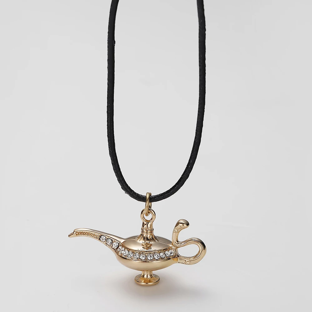 

Aladdin Magic Lamp Crystal Necklace Trendy Jewelry Kids Cartoon Goid Silver Pendant Vintage Leather Long Necklaces Women Gift
