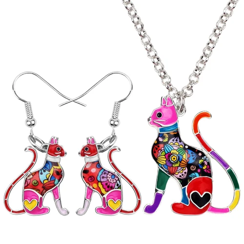 Bonsny, эмалированный сплав, элегантные серьги в виде котенка, кошки, ожерелье, ювелирные наборы для женщин, девочек, подарок для подростков,, Bijoux, подвески - Окраска металла: Red