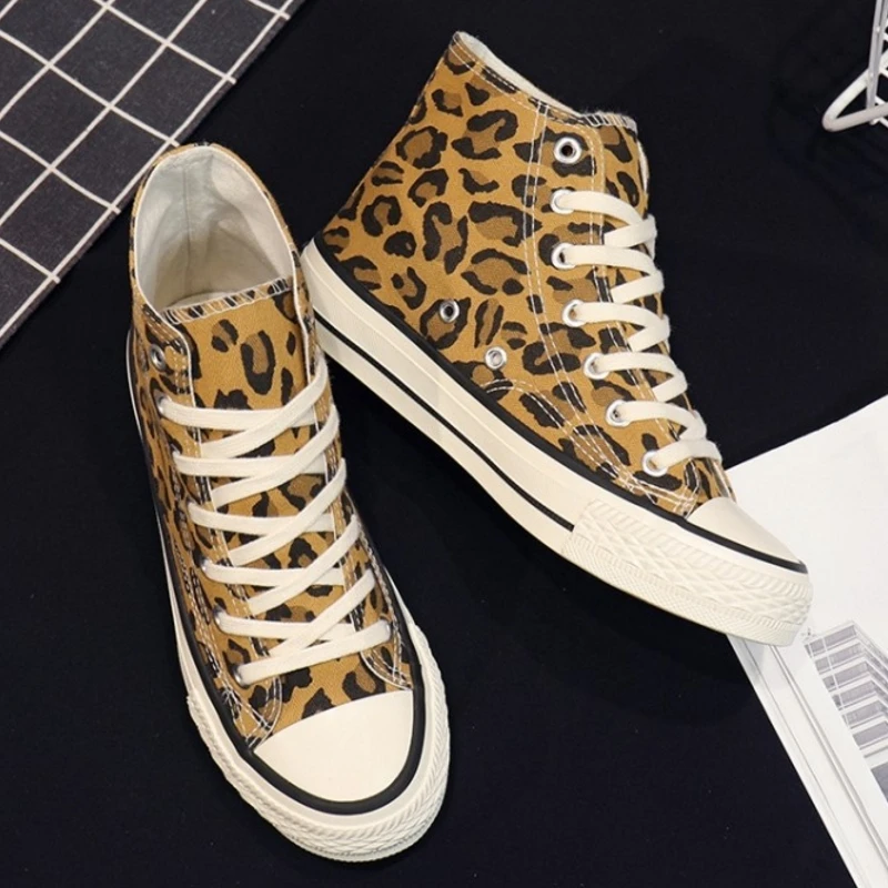 SJJH Women Canvas Leopard Sneakers High Low Top Comfortable Shoes Vulcanize Flats Casual Chaussure Lace-up Ladies Footwear D004