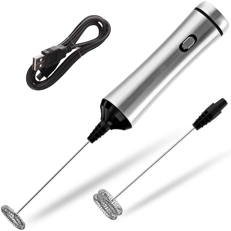 Usb Chargeable Double Spring Whisk Head Electric Milk Frother Stainless Steel Handheld Milk Foamer Drink Mixer Two Speeds