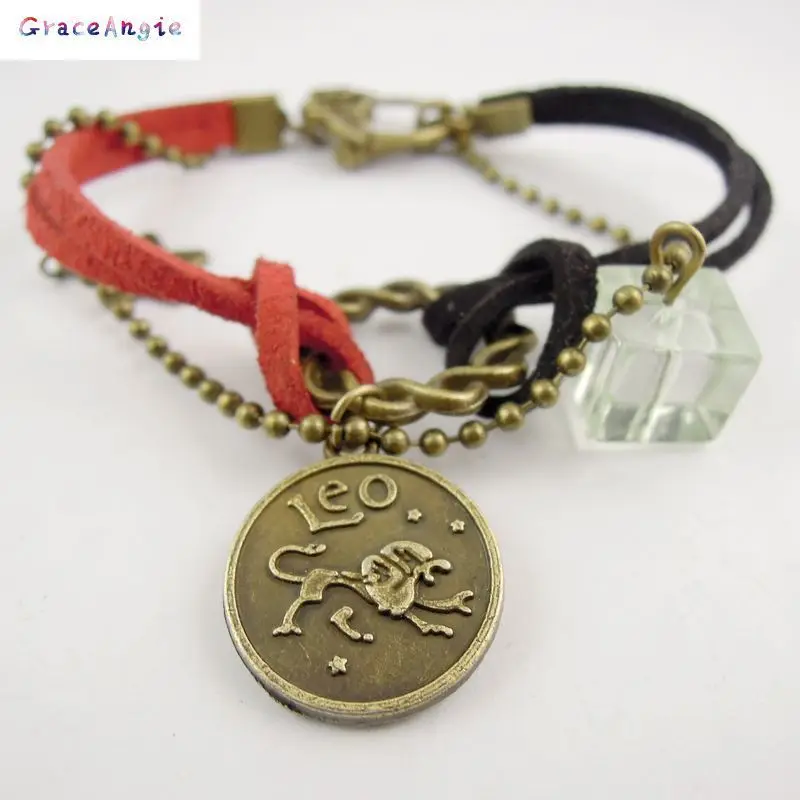 

AM0337 New Leather Alloy Crystal Bracelet Zodiac Astrological Sign Horoscope Aquarius Gift 16cm 1PC
