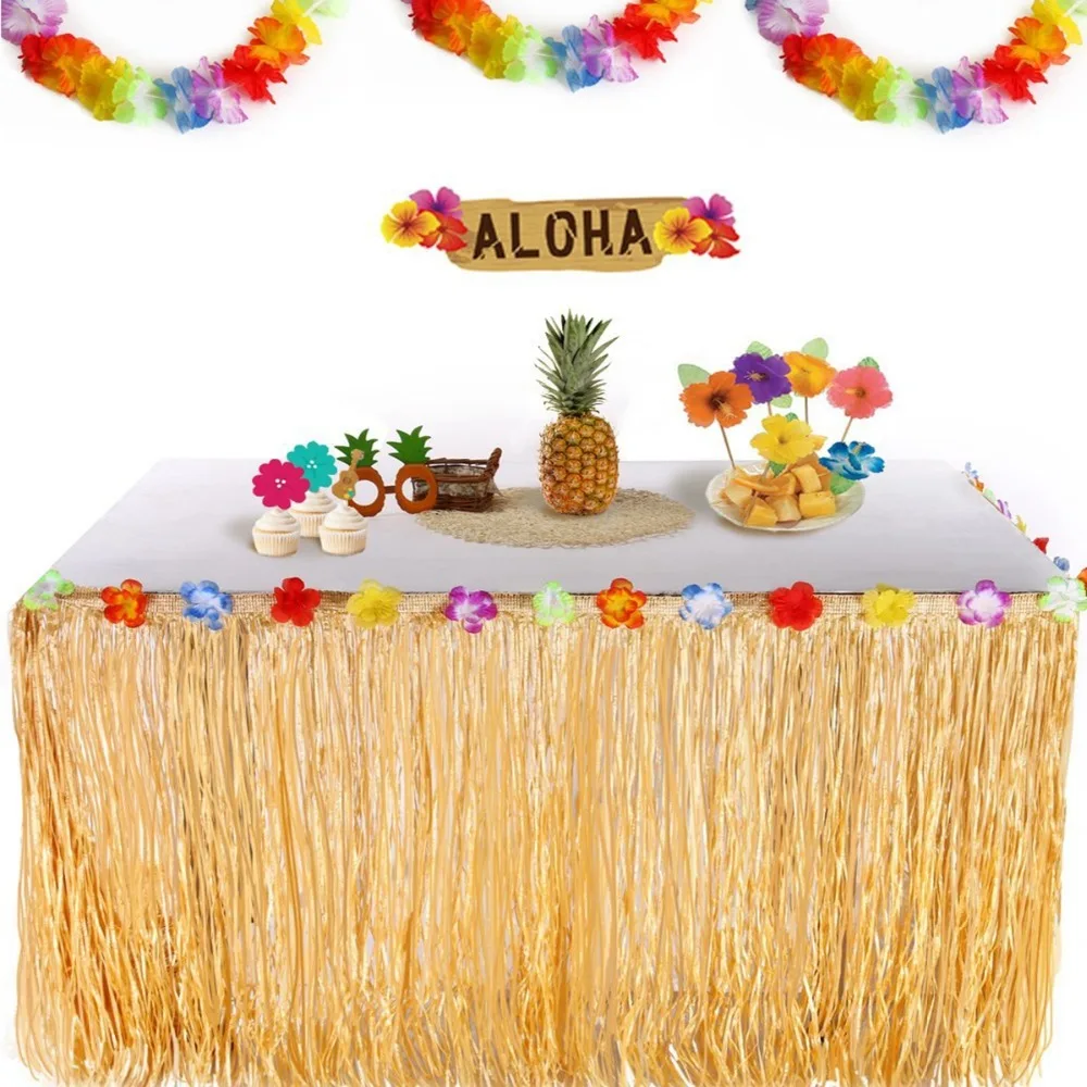 9ft 275CM Artificial Hibiscus Grass Table Skirt Hawaiian Tropical Luau Party Tableware Decoration Birthday Party Supplies Flower