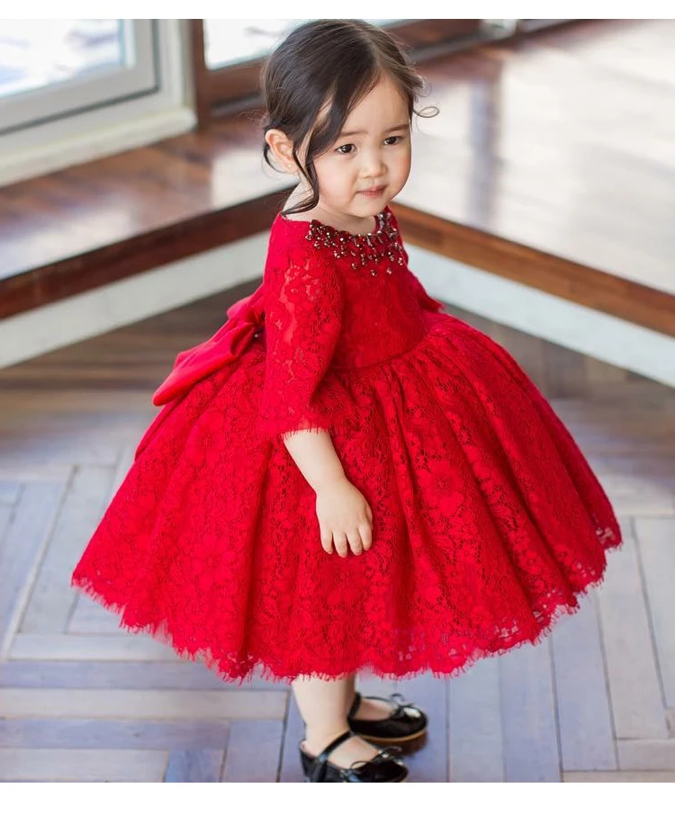 Red Tulle Beaded Baby Girl Dress Baptism Dress For Infant 1 Year 