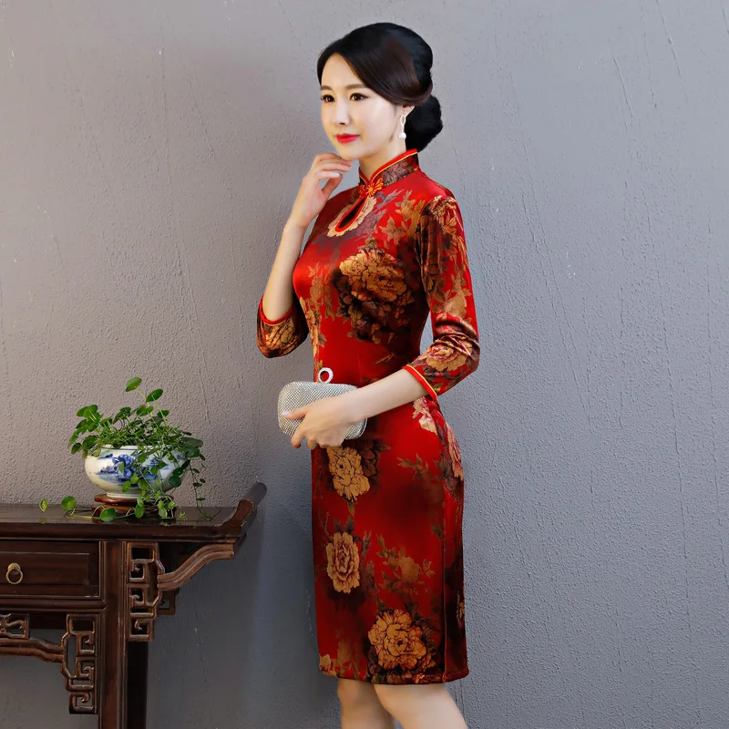 Мать Cheongsam бархат традиционное китайское свадебное платье халат Ципао Longue Femme платья в восточном стиле Китай Костюмы