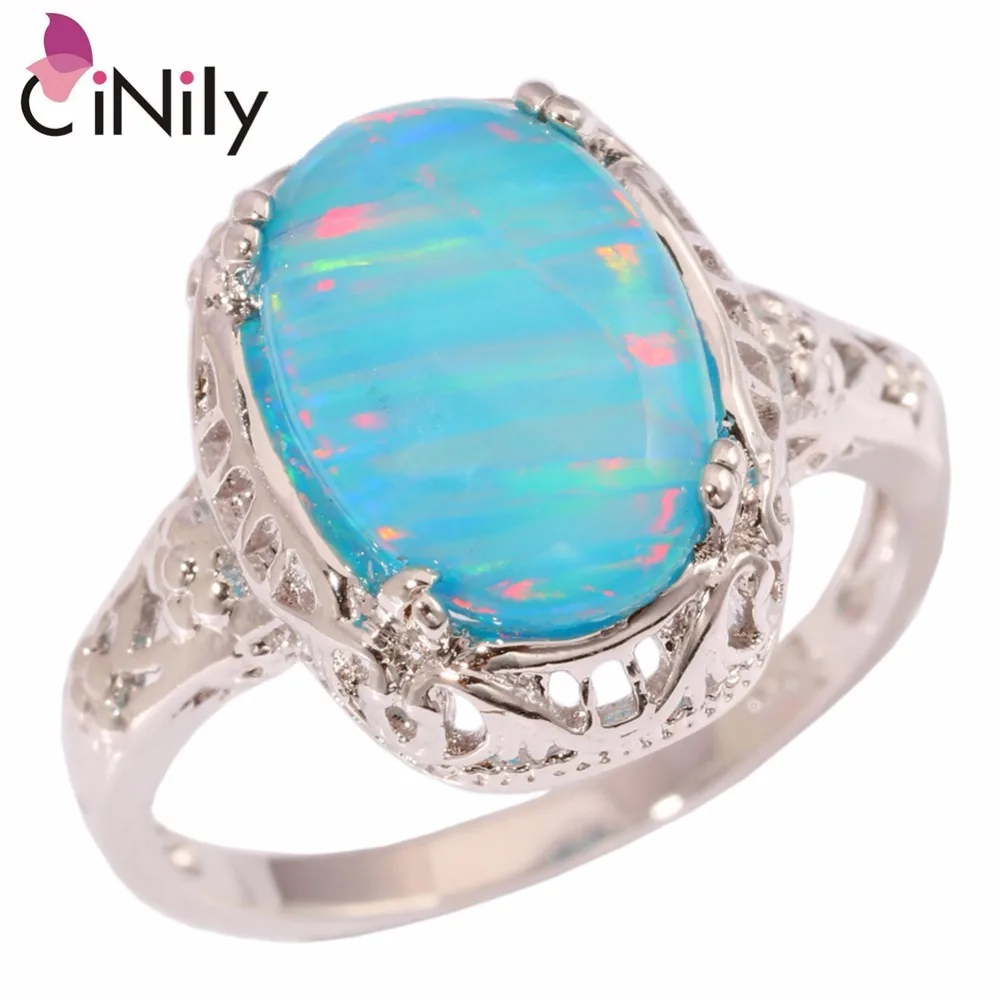 CiNily Created Rainbow Blue Fire Opal Silver Plated Wholesale Hot Sell for Women Jewelry Party Ring Size 7 8 9 OJ5703-04