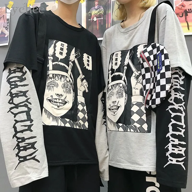 Lychee Harajuku Japanese Junji Ito Anime Print Women T-Shirt Fake 2 Pieces O-Neck Long Sleeve Casual Loose Female T-shirt