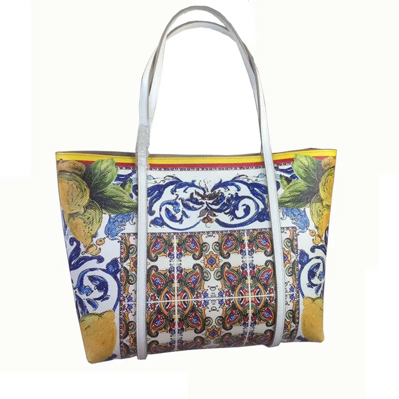 

New English Orange and Lemon Printed Shopping Bag, Master Bag, Large Capacity Handbag, Shoulder Bag
