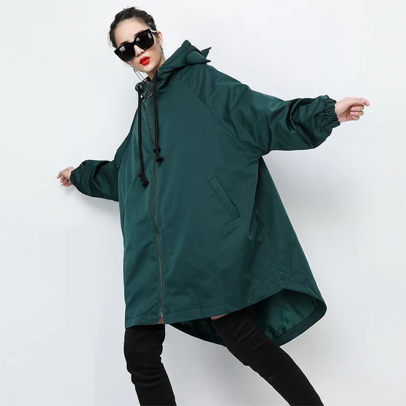 Manteau Tranchée Vert noir Capuche Lâche Cardigan Marque Coupe Hip vent Ourlet Noir vert Automne Asymétrique À Hop Marée 1072 qZWawzvBn8