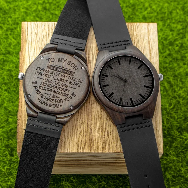 Personalized Engraved Wooden Men Black Ebony Watches Leather Personalized Engraved Wooden Men Black Ebony Watches Leather Wood Wrisch Quartz Clock Groomsmen Gift Dropshipping