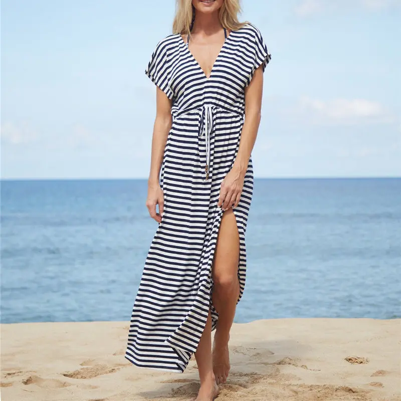 

White Striped Bikini Cover Up Women Beach Dress Tunic 2019 Summer Chiffon Long Kaftan Beach Wear Sexy Swimsuit Cover-Ups V-neck