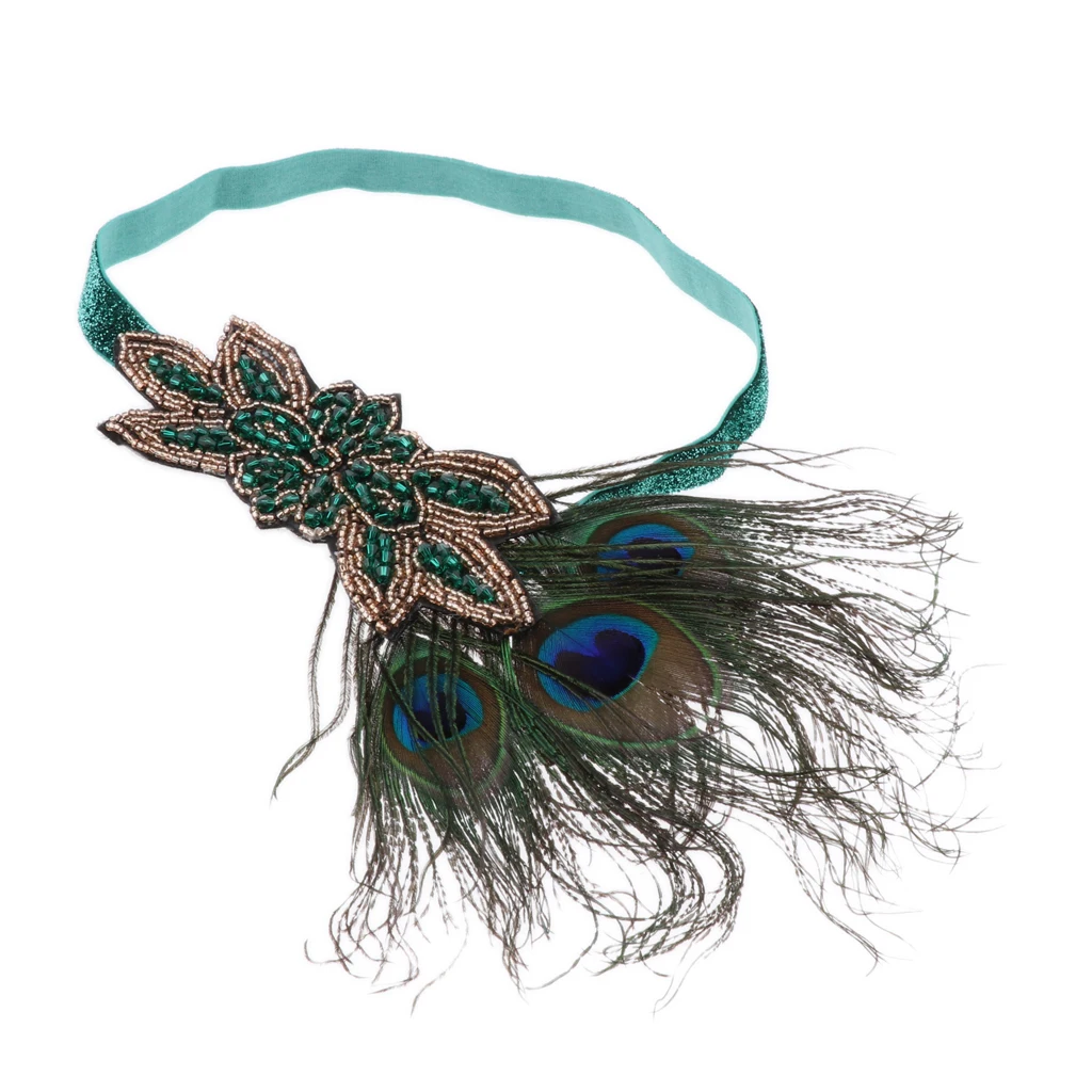 Preise Frauen Vintage Pfau Feder Grün Perlen Flapper Stirnband Roaring 20s Kopfstück 1920s Phantasie Kleid Fascinator Headwear