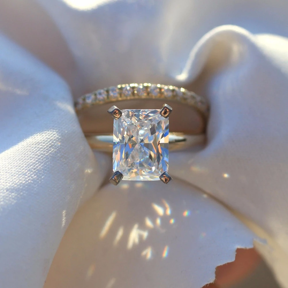 Anillo de compromiso de moissanita DF para mujer, juego de anillos de oro amarillo de 14 quilates de Halo, 2,7 quilates, 7x9mm, Diamante de laboratorio, solitario, 2 piezas|yellow gold diamond|wedding diamond