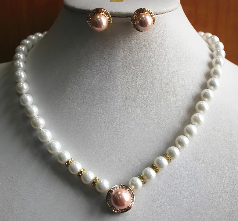 

engagement and wedding jewelry set 8mm white pearl necklace match 14mm pink pearl earrings jewelry set for valentine's day gift
