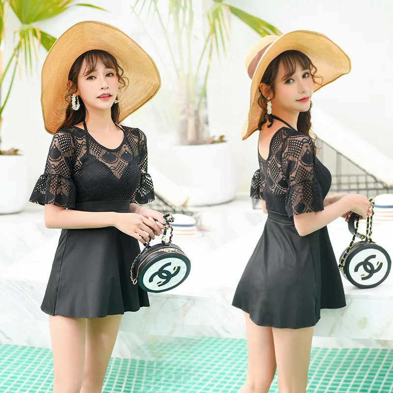 

2019 Women Sport Swimming Suit Black & Red Swim Skirt Short Sleeves Padded Bathing Suits Beach Wear Dress Girl Bodysuits