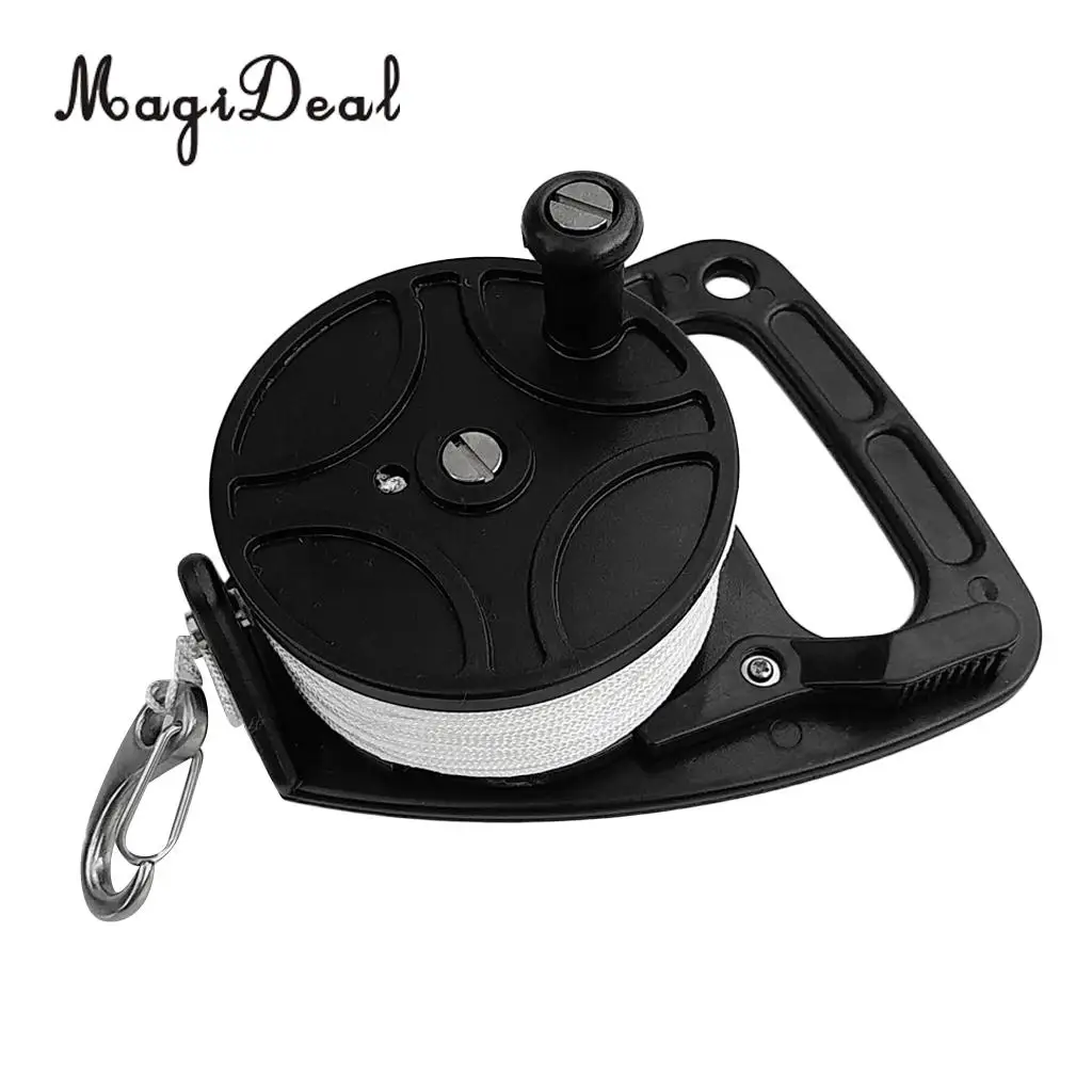 Black Plastic Dive Reel & Handle, Thumb Stopper, 150ft Line, Clip Hook for Scuba Diving Diver Snorkeling
