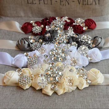 

Bridal Sashes Rhinestone Crystals Wedding Belts White Ivory Crystal Accessories Rose Flowers For Prom Birthday Prom