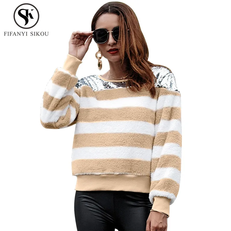 Winter Long sleeve Fluffy Sweater Women Fashion Sequins Splicing Striped jumper Female Thick warm Pullovers Sweaters Tide LGP850 | Женская