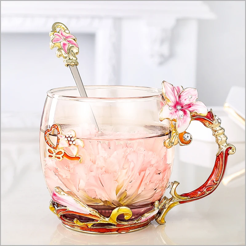 Brand Glass Enamel Tea Cup 350ml Novelty Lily Flower Coffee Mug With
