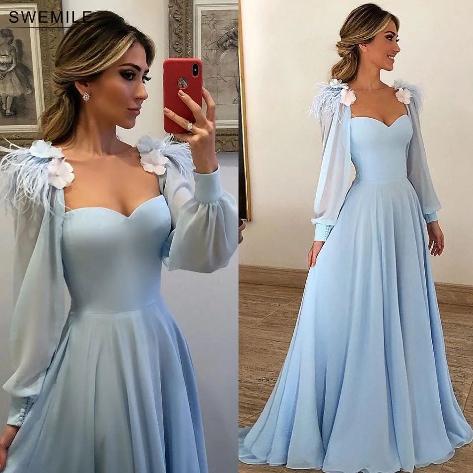 

Elegant Strapless Long Chiffon Prom Dresses 2019 Charming Flowers Puff Sleeve Prom Gowns A-Line Party Dresses Vestidos De Gala