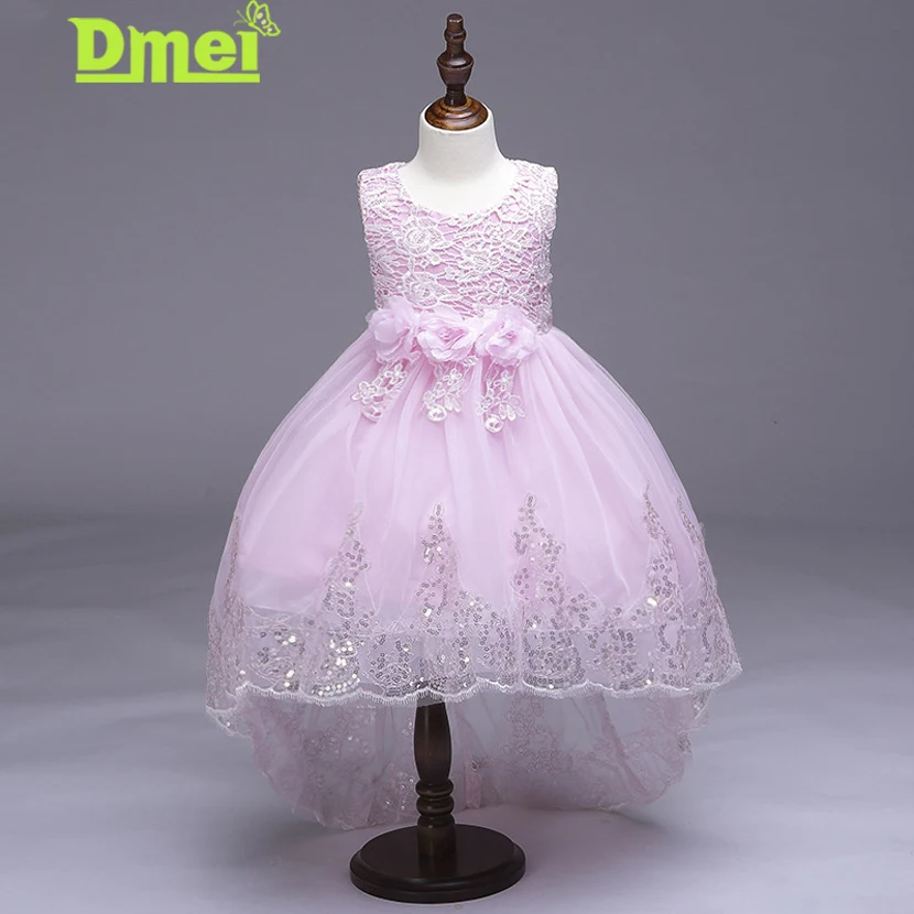 

3-14Yeas Girls Dresses With Bow Beaded Crystal Lace Up Applique Ball Gown Wedding Bridal Dress 5 Color Kids Clothes Costumes