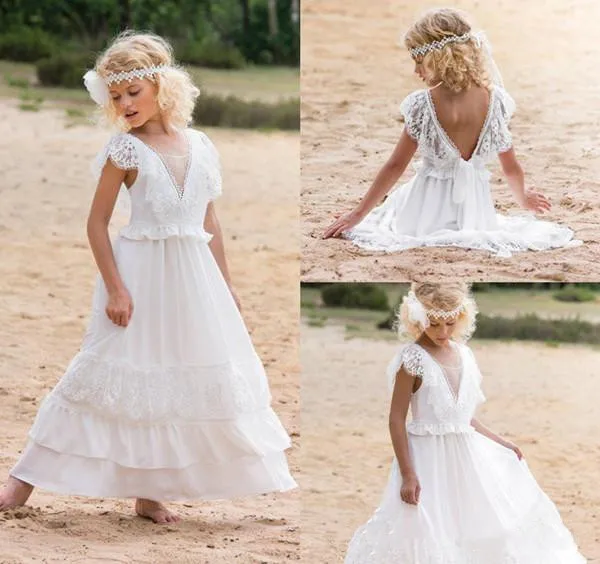 With Lace Chiffon Beach Flower Girl Dresses A Line V Neck