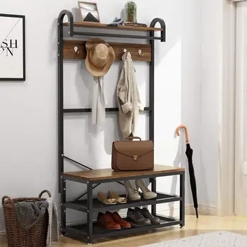 

Free Shipping 4 in 1 Hall Tree with Bench 3-Tier Industrial Entryway Coat Rack Stand Hanging Bar Shoe Storage Shelf 5 Hooks