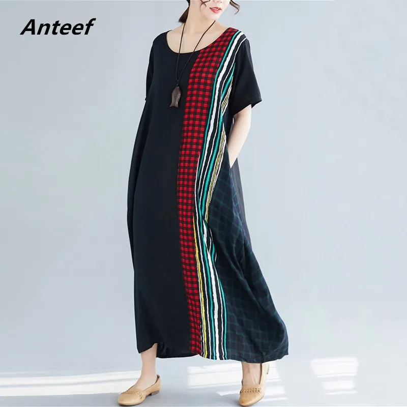 

black cotton linen vintage stripe plus size women casual loose long summer dress elegant clothes 2019 ladies dresses sundress