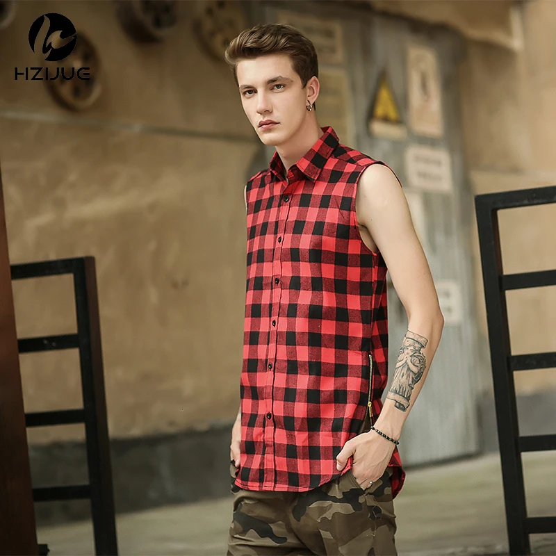 

HZIJUE Hip Hop Men Shirt Chris Brown oversized Gold Side Zipper Extended Plaid shirt casual Red Sleeveless tee shirt Tyga XXL