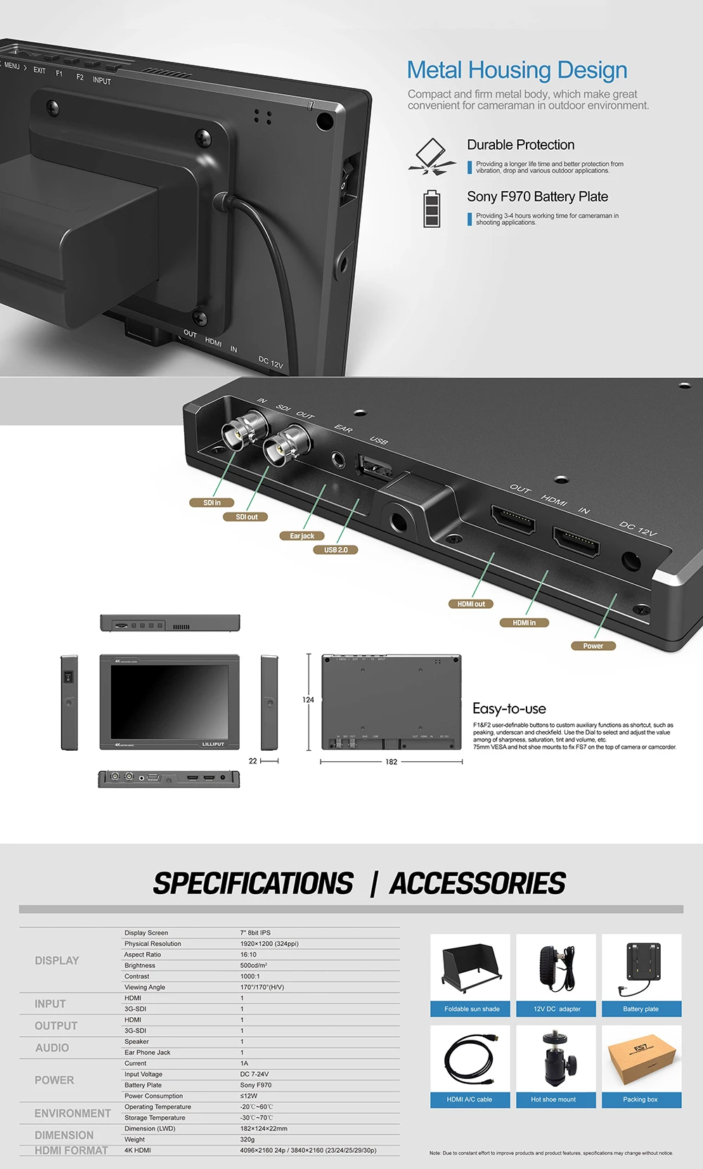 Lilliput FS7 HD 1920x1200 3g SDI 4K HDMI вход/выход камера видео 7 дюймов полевой монитор для Canon Nikon sony Zhiyun Gimbal smooth 4