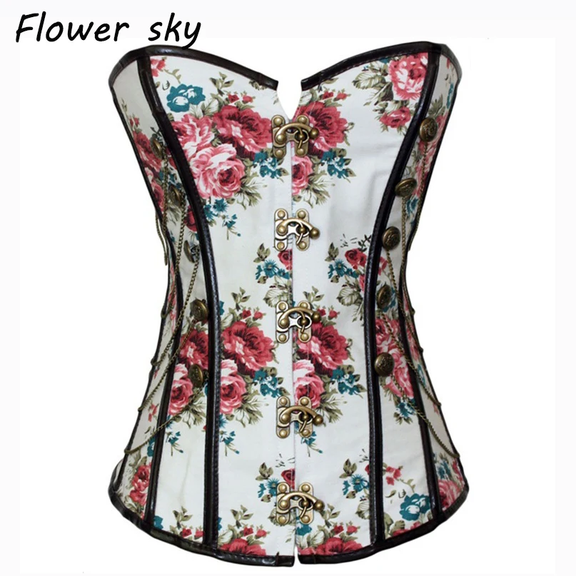 

Women's Gothic Punk Boned Overbust Bustier Corset Top Floral Corselet with Buckles and Chains