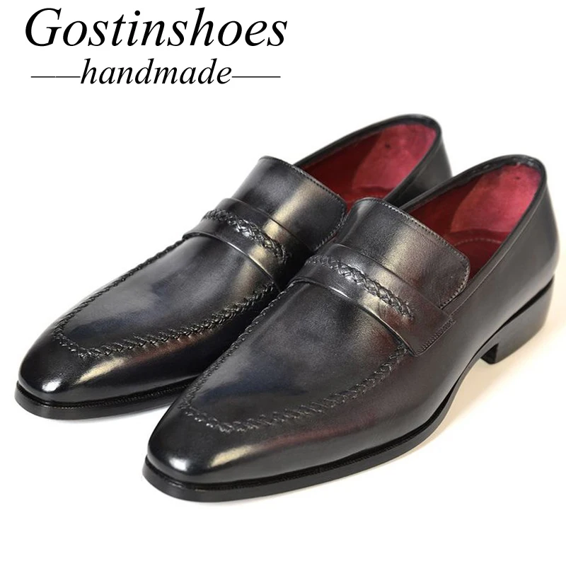 

GOSTINSHOES HANDMADE Mens Loafers Customize Goodyear Welted Slip-On Pointed Hand-Painted Cow Leather Casual Shoes Men SCT29
